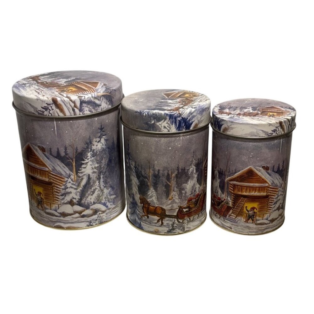 Nesting Tins Winter Scene Decorative With Lids Elfs Sleigh Cabin Set Of 3